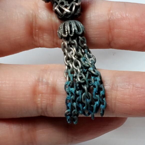 Antique Chain Dangle Pendant 2" Small Baby Blue Cabochons Patina - Picture 3 of 7